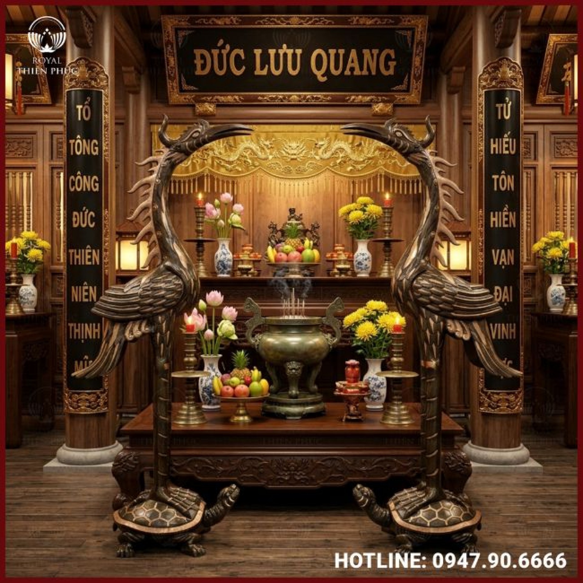 Bộ hạc thờ cỡ lớn trang nghiêm bằng đồng đỏ cao 1m9